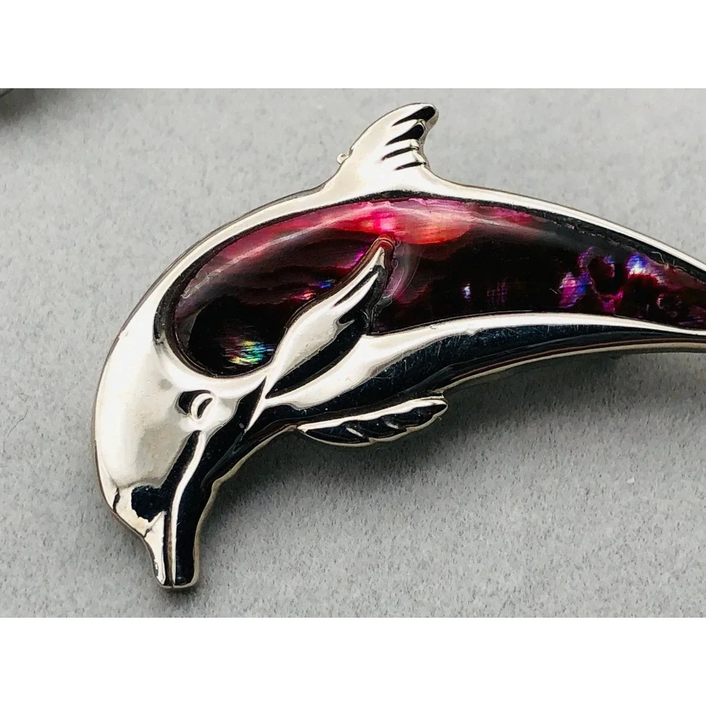 Vintage Brooch‎ Pin Lot Dolphin Flower Faux Pearl Green Stone Leaf Silver Tone